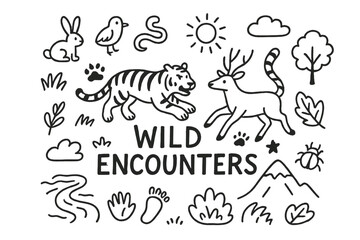 Fototapeta premium Wildlife Doodle Montage. Wild Encounters. Hand-drawn doodle illustration of Wild Encounters. In the middle,