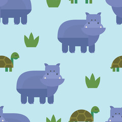 Geometric kids cute seamless pattern with hippo and turtle
