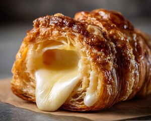 Close up of cheese croissant pastry baked breakfast food delicious snack golden brown crusty