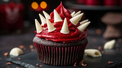 Halloween cupcake recipe spooky dessert ideas red frosting white candy spikes dark background delicious treat