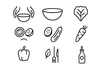 Salad Icon Set. Healthy salad making. Line outline icon set of healthy salad making: hands, bowl, lettuce,