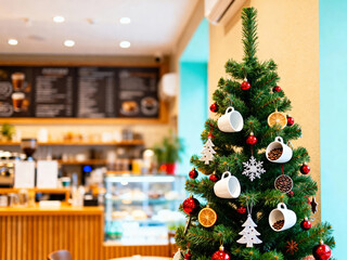 Coffee Shop Christmas Tree with Unique Cup Ornaments, text space