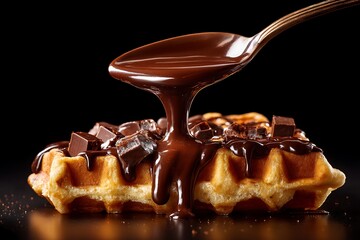 Delicious chocolate waffle dessert with chocolate sauce and chocolate chunks on black background