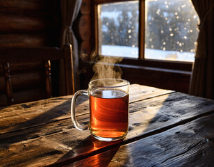 Steaming mug of tea sits on a rustic wooden table inside a cabin, with a snowy window view in the background.