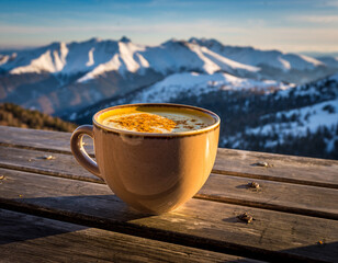 A steaming mug of hot chocolate topped with whipped cream, caramel drizzle, and marshmallows sits on a wooden table by a window overlooking a snowy winter landscape.
