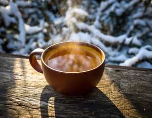 A warm cup of steaming coffee sits on a wooden surface outdoors, with a snowy background.