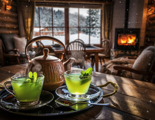 Two steaming cups of vibrant green herbal tea sit on a rustic wooden table in a cozy log cabin, with a warm fireplace and snow-covered window view in the background.
