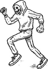 Stipple dotwork hooded runner in motion, vintage engraving vector illustration for urban streetwear, fitness editorial, and dynamic poster graphics