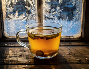 A glass mug of warm tea sits on a wooden surface, with a frost-covered window providing a wintery backdrop.