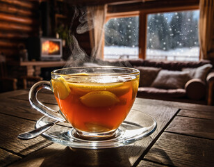 A steaming cup of tea with lemon slices sits on a wooden table in a cozy cabin interior, with a snowy winter scene visible through the window.