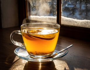 Steaming hot tea with lemon on a sunlit windowsill overlooking a snowy winter scene.