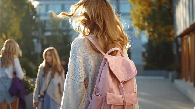 Student walking confidently with pink backpack along autumn street, embodying youthful academic and energy anticipation video 4k