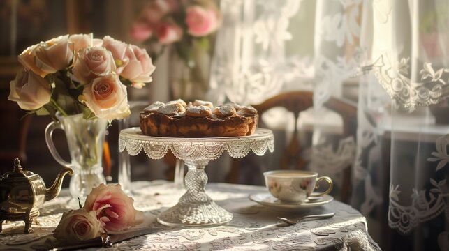 Traditional Viennese cafe table setting, whole Sachertorte on vintage cake stand as centerpiece, ornate coffee service, fresh roses in crystal vase