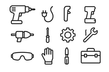Fototapeta premium Electric Drill Icons. Electric drill. Line outline icon set of electric drill: electric drill, drill bit,