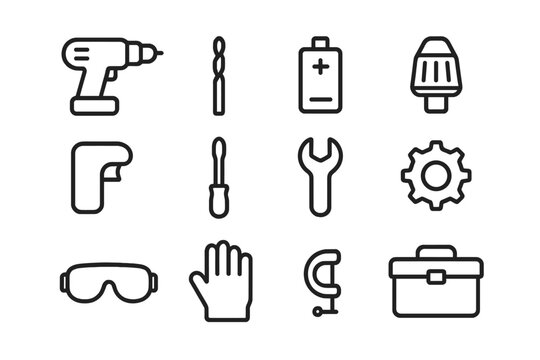 Home Drill Tools Icons. Home improvement drill tools. Line outline icon set of home improvement drill tools: