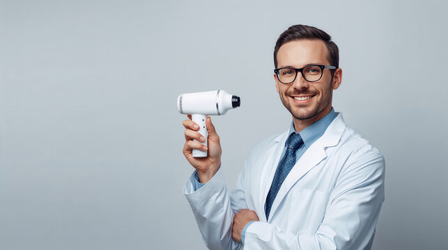 Confident doctor in lab coat presents a handheld medical device with a warm, professional smile.