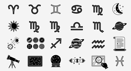 Discover the cosmos with a stunning collection of zodiac symbols, celestial icons, and astrological tools for your creative projects