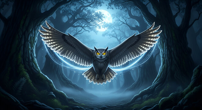 Majestic Owl Flying in a Mystical Dark Forest Under the Full Moon