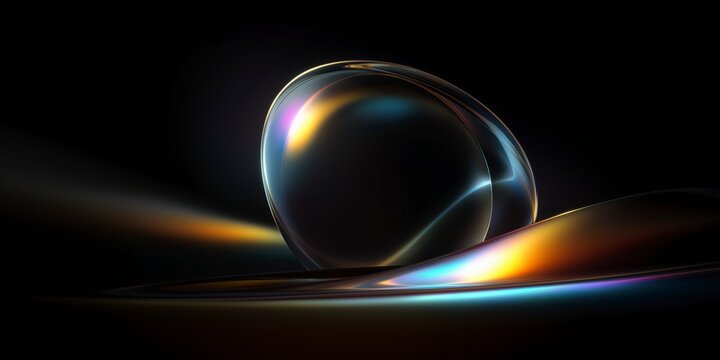 Abstract and dramatic composition of a hovering metallic bubble, featuring glossy, iridescent surfaces, vibrant color reflections, and a dark, moody background - Powered by Adobe