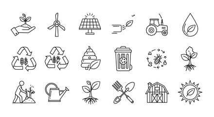 Nurturing nature icons showcasing sustainable farming, renewable energy, and eco-friendly practices for a greener future