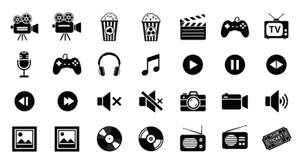 Diverse media entertainment icons for projects including film, music, gaming, and photography, perfect for digital content creation and technology themes.