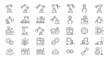Modern industrial automation icons showcasing robotic arms, machinery, factories, and technology for manufacturing and engineering projects.