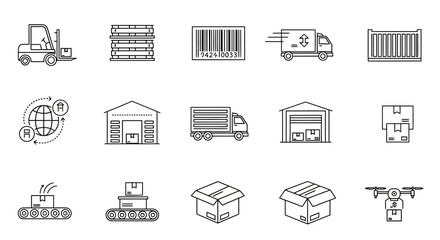 Streamline your logistics and delivery operations with this collection of modern icons representing warehousing, shipping, and supply chain management.