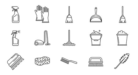 Sparkling clean home essentials icons for professional cleaning services and household chores, conveying freshness and order