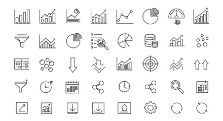 Dynamic collection of modern business analytics icons including charts, graphs, data, and finance symbols for professional presentations and reports