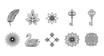 Elegant decorative emblems featuring a quill, stylized flowers, ornate keys, a swan, and intricate geometric patterns for sophisticated branding and design.