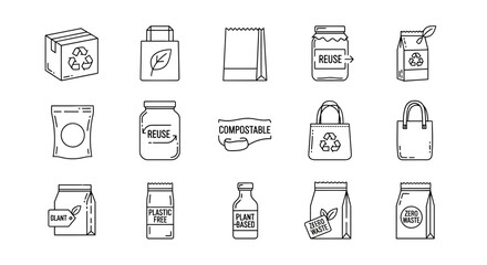 Eco-friendly packaging icons showcasing sustainability, reuse, compostable, plant-based, and zero waste solutions for modern brands.