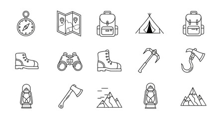 Explore the wilderness with essential camping gear icons including compass, map, backpack, tent, boots, binoculars, lanterns, axes, and mountains