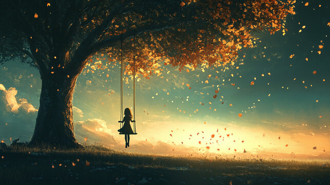 A mother standing alone under a tree at dusk, looking at an empty swing swaying in the wind, her hand reaching out as if to touch her child’s laughter once more