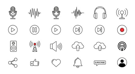 Discover a versatile collection of modern audio and media icons for your next digital project, perfect for apps, websites, and presentations.