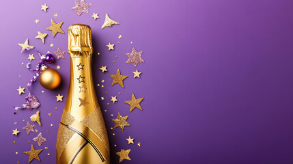 A gold champagne bottle, adorned with stars and party decorations, placed on a purple background, perfect for Christmas, birthday, or New Year's cards