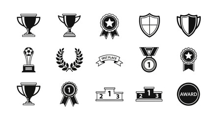 Collection of achievement symbols including trophies, medals, ribbons, shields, laurels, and podiums celebrating victory and success