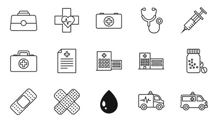 Essential medical icons depicting healthcare services, emergency aid, and patient care for modern design projects and health awareness campaigns