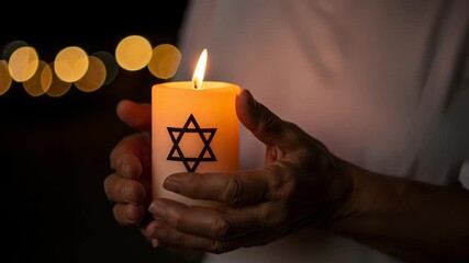 Person holding a candle adorned star of David. Independence Day of Israel, Memorial Day. Soft bokeh lights background. National mourning, Hanukkah, Passover, Shavuot, Yom Kippur holiday