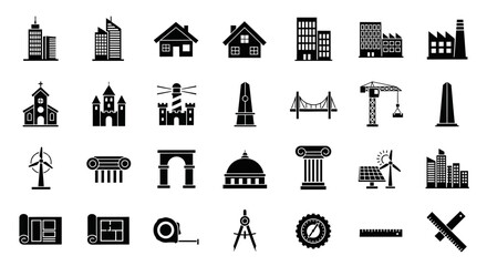 Diverse collection of architectural and construction icons representing buildings, tools, and engineering concepts for creative projects