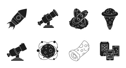 Dynamic icons featuring rockets, telescopes, planets, and futuristic technology for science, exploration, and innovation projects