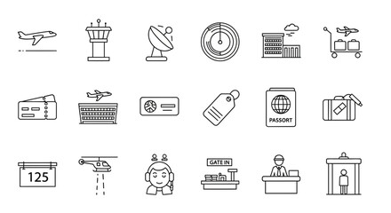 Dynamic airport icons set capturing travel, logistics, and modern aviation essentials for seamless navigation and journey planning