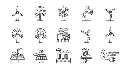 Dynamic collection of wind turbines, solar panels, and hydroelectric power icons representing clean, sustainable energy solutions for a greener future.