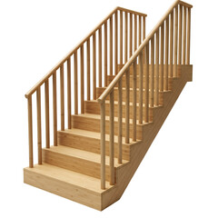 Wooden Staircase with Handrails and Balusters Isolated on White.