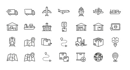 Dynamic logistics icons capture global shipping, delivery, and supply chain operations with modern, essential symbols for business planning and strategy