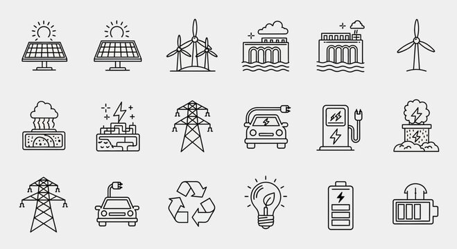 Inspiring collection of renewable energy and power generation icons for innovative projects and modern design needs