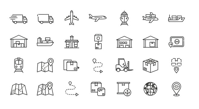 Dynamic logistics icons capture global shipping, delivery, and supply chain operations with modern, essential symbols for business planning and strategy