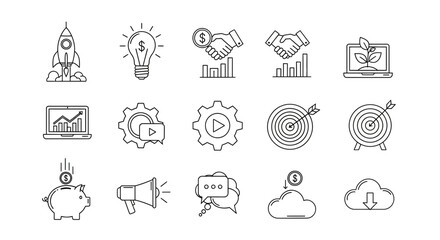 Dynamic business growth icons launch idea achieve goals and secure investments for modern enterprise success