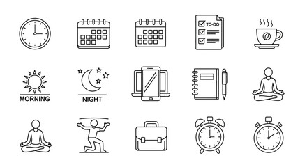 Organize your day with essential icons for time management, productivity, and well-being, perfect for modern business and lifestyle projects.