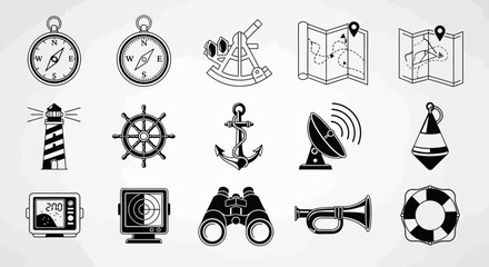 Navigate your next adventure with this collection of essential maritime and navigation icons, perfect for nautical themes and travel branding.