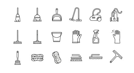 Essential cleaning supplies collection featuring brooms mops vacuums sponges gloves and spray bottles for a spotless home or business